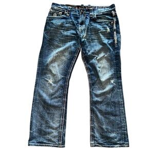 Rock Revival Benjamin Relaxed Straight Jeans 36x31 Buckle Denim Distressed